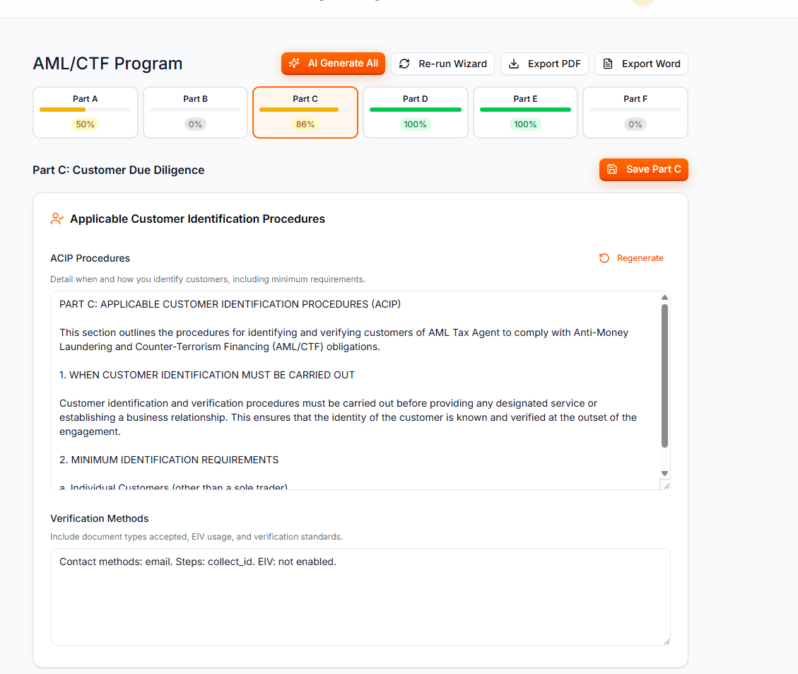 Program editor with industry-specific content pre-filled and AI generate buttons