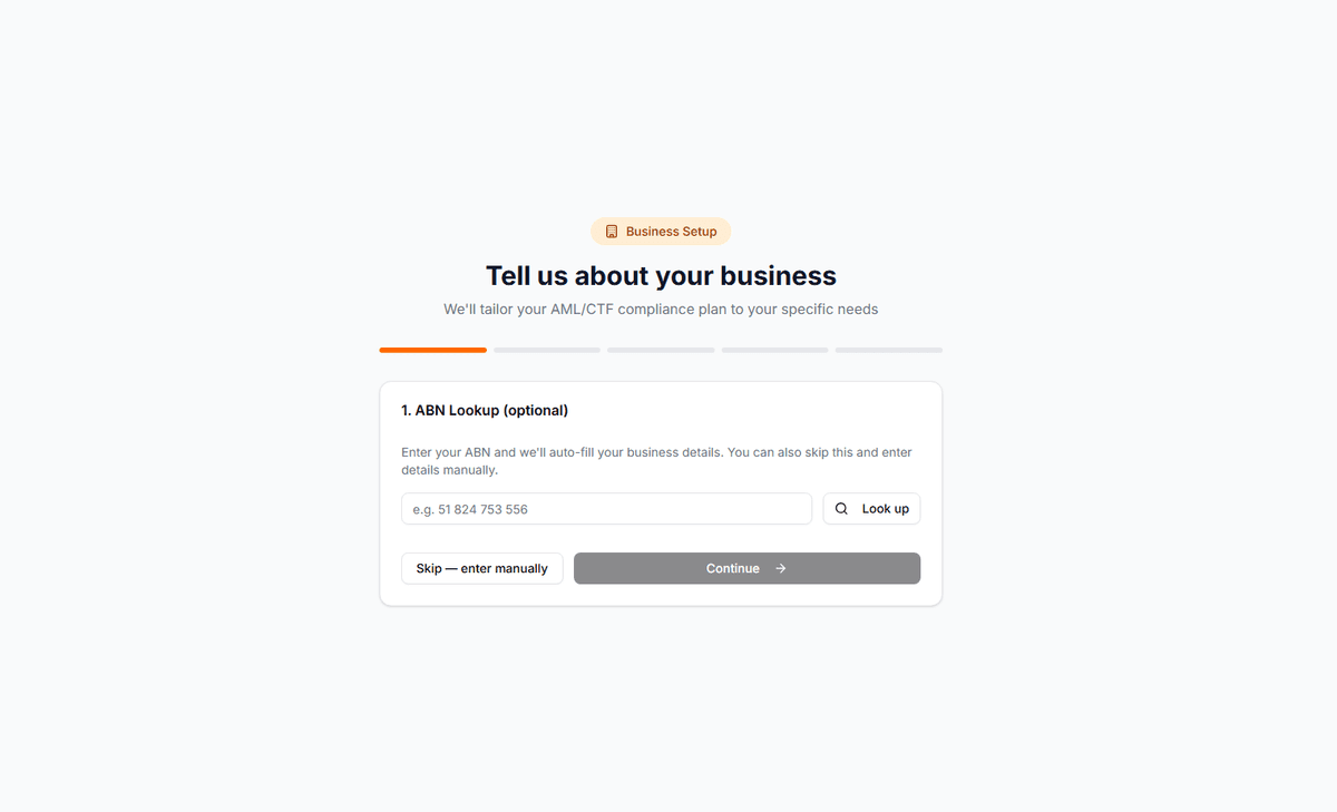 AML Mate onboarding wizard — enter your business details and select your industry